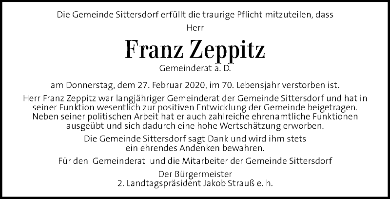  Traueranzeige für Franz Zeppitz vom 05.03.2020 aus Kleine Zeitung