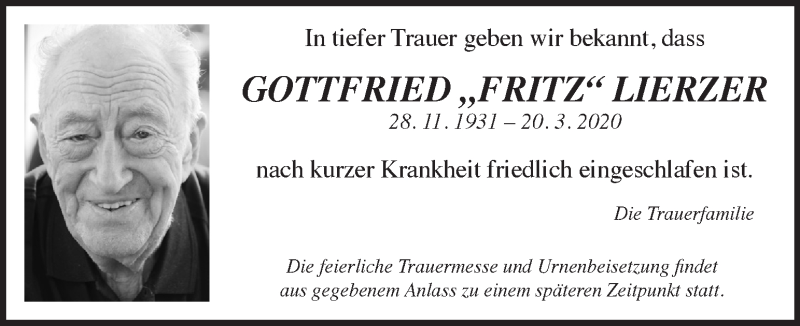  Traueranzeige für Gottfried Lierzer vom 27.03.2020 aus Kleine Zeitung