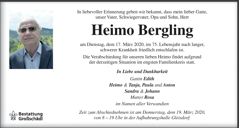  Traueranzeige für Heimo Bergling vom 18.03.2020 aus Kleine Zeitung
