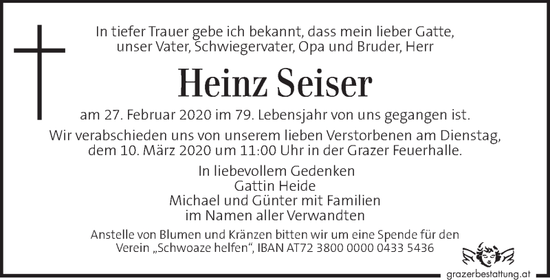  Traueranzeige für Heinz Seiser vom 05.03.2020 aus Kleine Zeitung