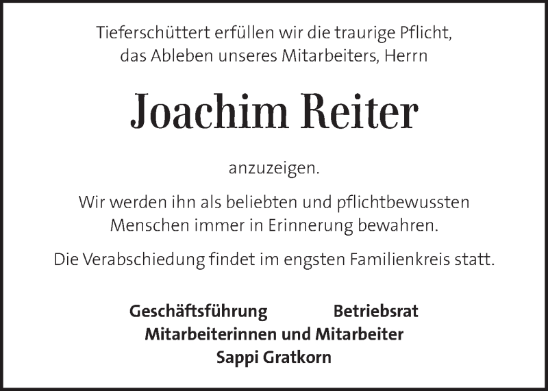  Traueranzeige für Joachim Reiter vom 26.03.2020 aus Kleine Zeitung