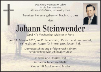 Traueranzeige von Johann Steinwender von Kleine Zeitung