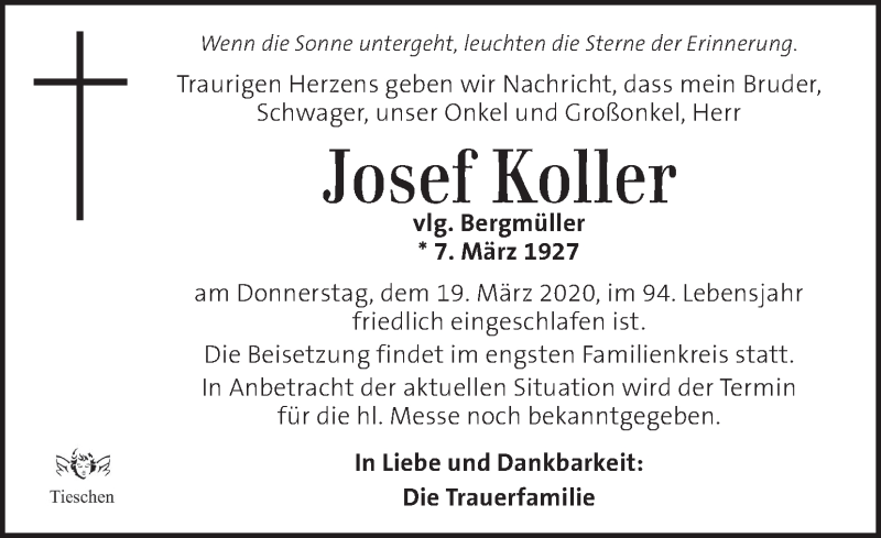  Traueranzeige für Josef Koller vom 21.03.2020 aus Kleine Zeitung