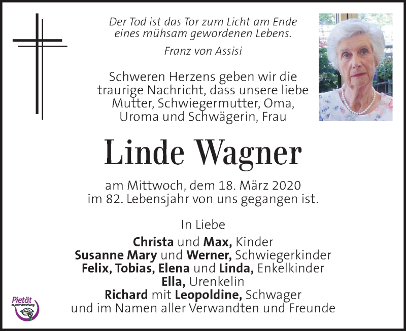  Traueranzeige für Linde Wagner vom 25.03.2020 aus Kleine Zeitung