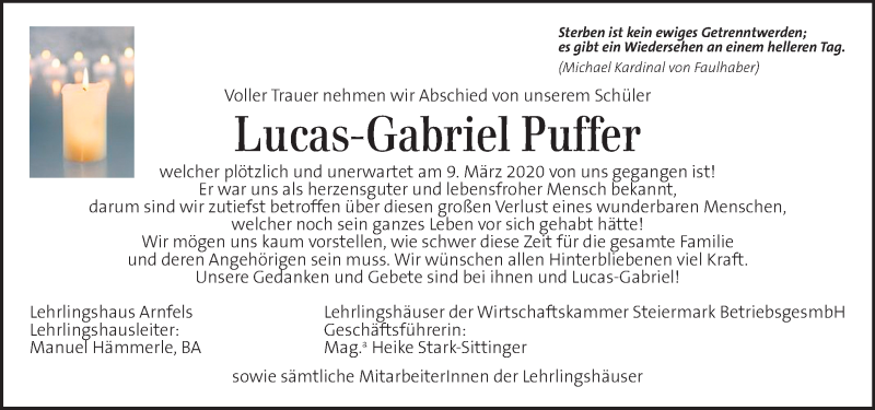  Traueranzeige für Lucas-Gabriel Puffer vom 12.03.2020 aus Kleine Zeitung