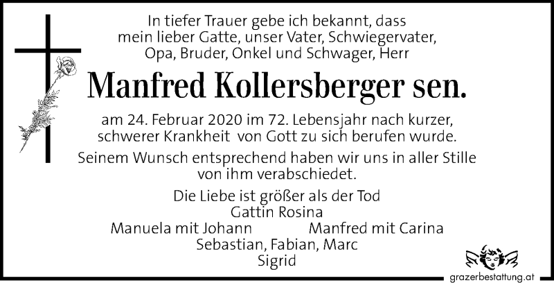  Traueranzeige für Manfred Kollersberger sen. vom 03.03.2020 aus Kleine Zeitung