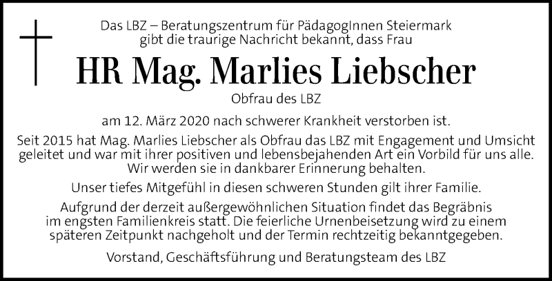  Traueranzeige für Marlies Liebscher vom 19.03.2020 aus Kleine Zeitung