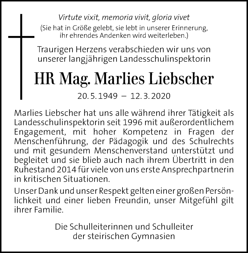  Traueranzeige für Marlies Liebscher vom 17.03.2020 aus Kleine Zeitung