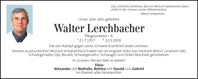  Traueranzeige für Walter Lerchbacher vom 29.03.2020 aus Kleine Zeitung