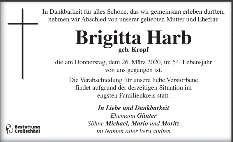  Traueranzeige für Brigitta Harb vom 02.04.2020 aus Kleine Zeitung