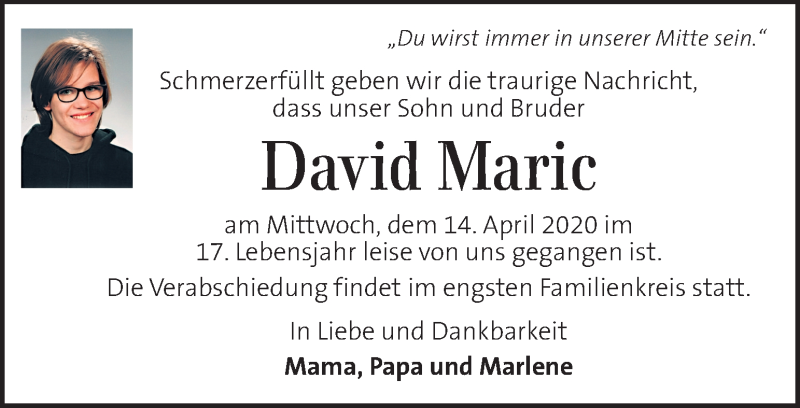  Traueranzeige für David Maric vom 19.04.2020 aus Kleine Zeitung