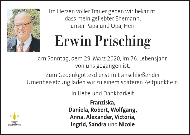  Traueranzeige für Erwin Prisching vom 02.04.2020 aus Kleine Zeitung