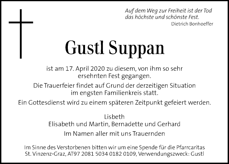  Traueranzeige für Gustl Suppan vom 23.04.2020 aus Kleine Zeitung