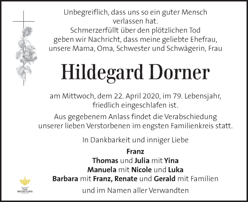  Traueranzeige für Hildegard Dorner vom 25.04.2020 aus Kleine Zeitung