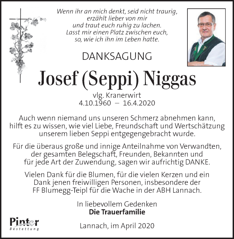  Traueranzeige für Josef Niggas vom 23.04.2020 aus Kleine Zeitung