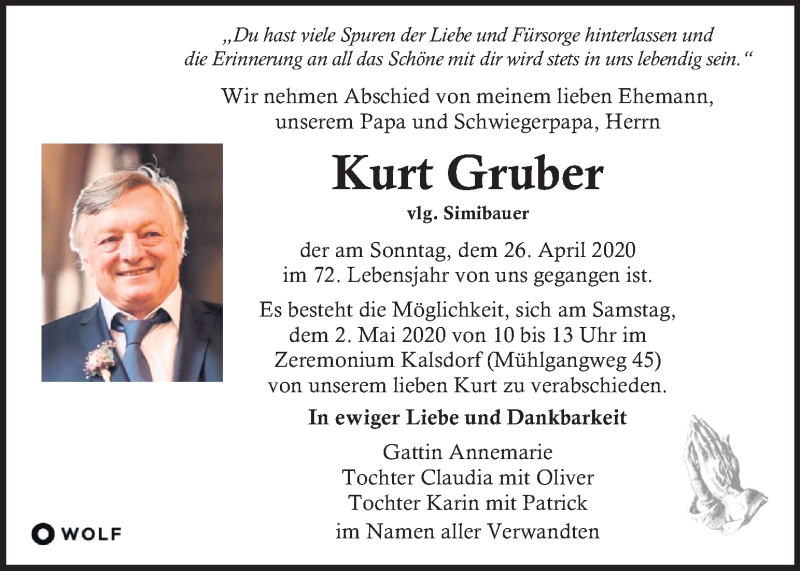  Traueranzeige für Kurt Gruber vom 30.04.2020 aus Kleine Zeitung