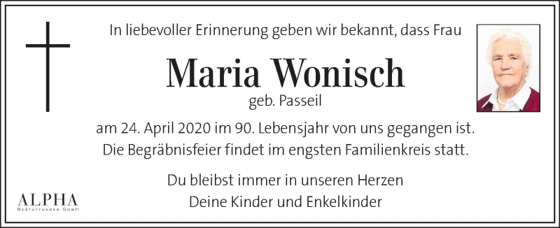  Traueranzeige für Maria Wonisch vom 30.04.2020 aus Kleine Zeitung