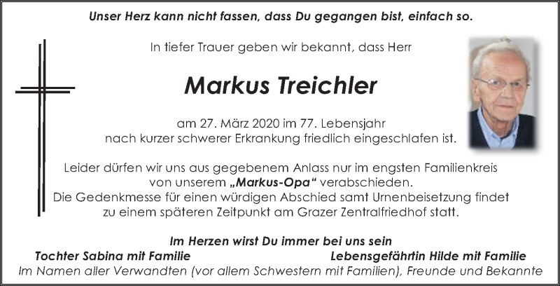  Traueranzeige für Markus Treichler vom 03.04.2020 aus Kleine Zeitung
