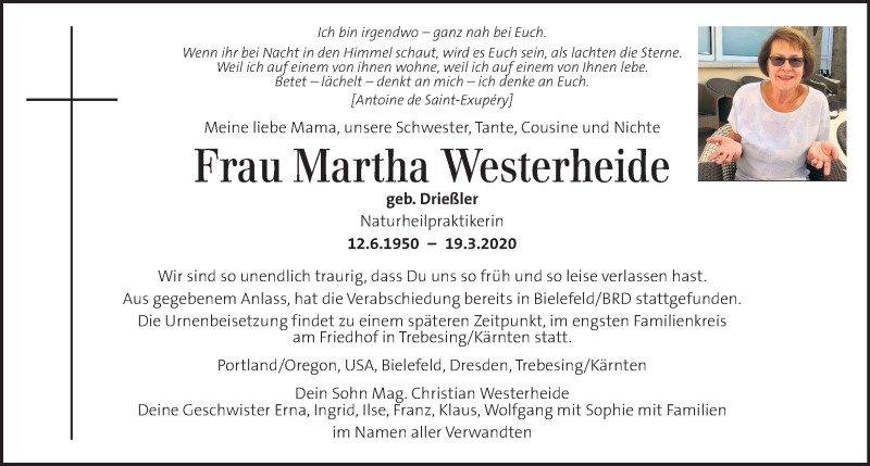  Traueranzeige für Martha Westerheide vom 01.05.2020 aus Kleine Zeitung