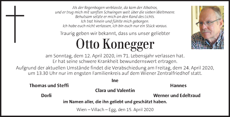  Traueranzeige für Otto Konegger vom 18.04.2020 aus Kleine Zeitung