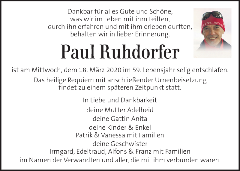  Traueranzeige für Paul Ruhdorfer vom 03.04.2020 aus Kleine Zeitung