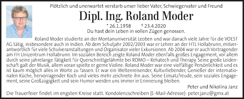  Traueranzeige für Roland Moder vom 01.05.2020 aus Kleine Zeitung