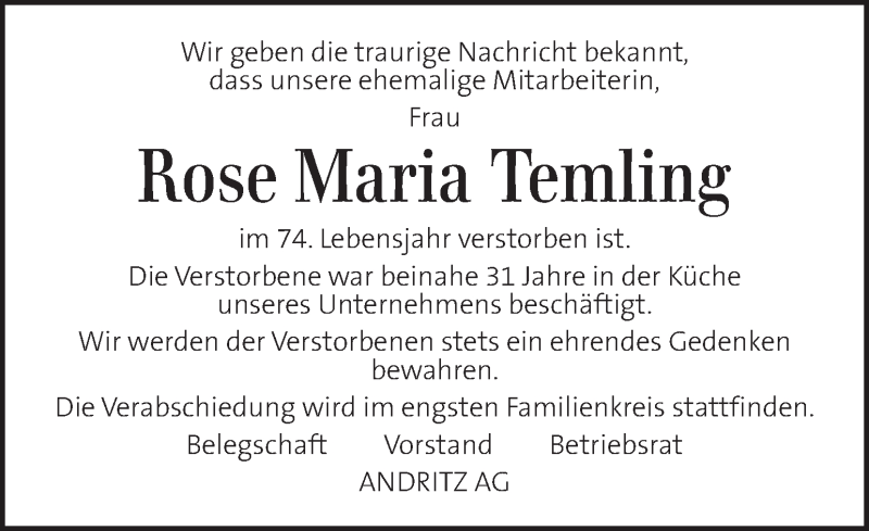  Traueranzeige für Rose Maria Temling vom 17.04.2020 aus Kleine Zeitung