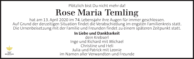  Traueranzeige für Rose Maria Temling vom 17.04.2020 aus Kleine Zeitung