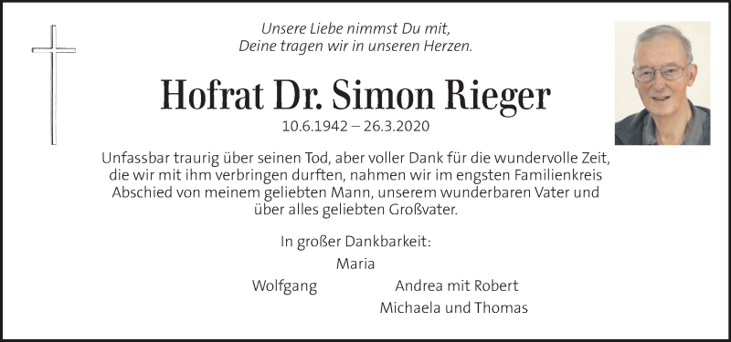  Traueranzeige für Simon Rieger vom 02.04.2020 aus Kleine Zeitung