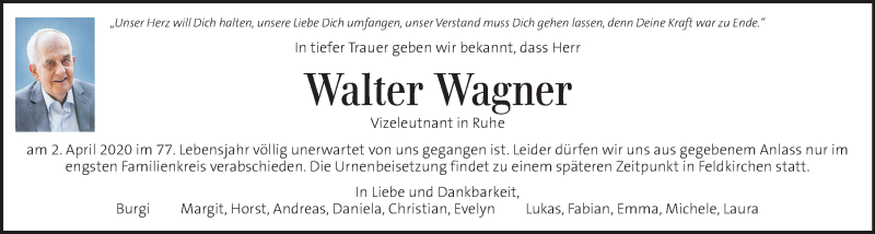  Traueranzeige für Walter Wagner vom 07.04.2020 aus Kleine Zeitung