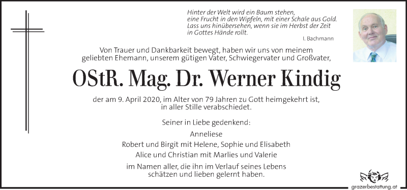  Traueranzeige für Werner Kindig vom 18.04.2020 aus Kleine Zeitung