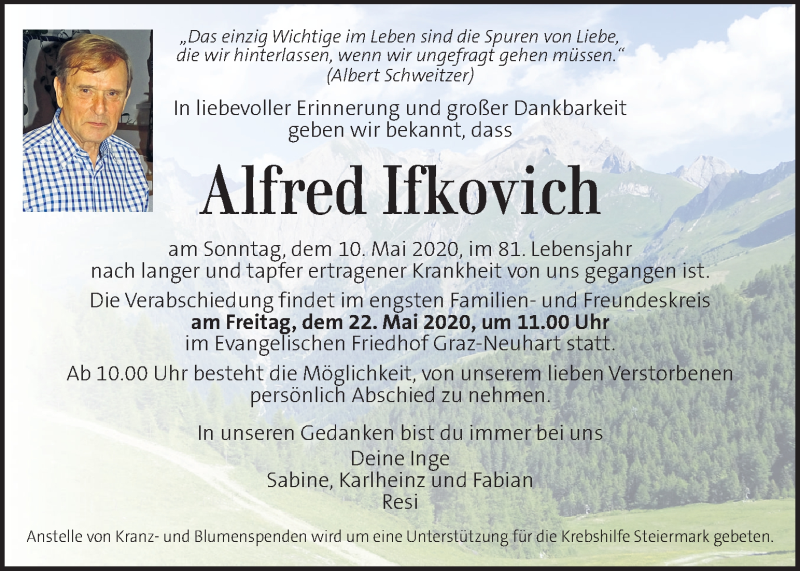  Traueranzeige für Alfred Ifkovich vom 15.05.2020 aus Kleine Zeitung