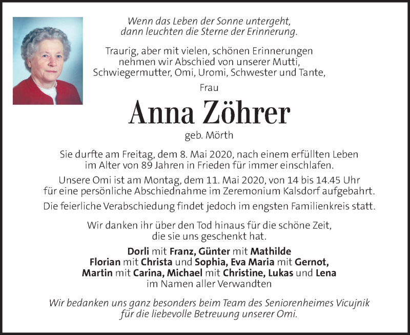  Traueranzeige für Anna Zöhrer vom 10.05.2020 aus Kleine Zeitung