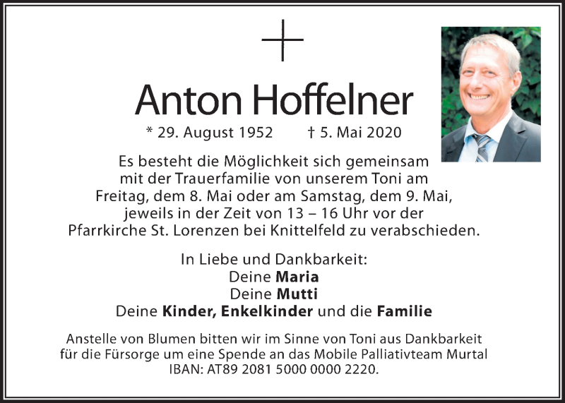  Traueranzeige für Anton Hoffelner vom 08.05.2020 aus Kleine Zeitung