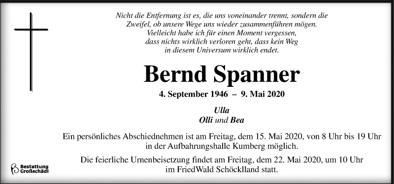  Traueranzeige für Bernd Spanner vom 13.05.2020 aus Kleine Zeitung
