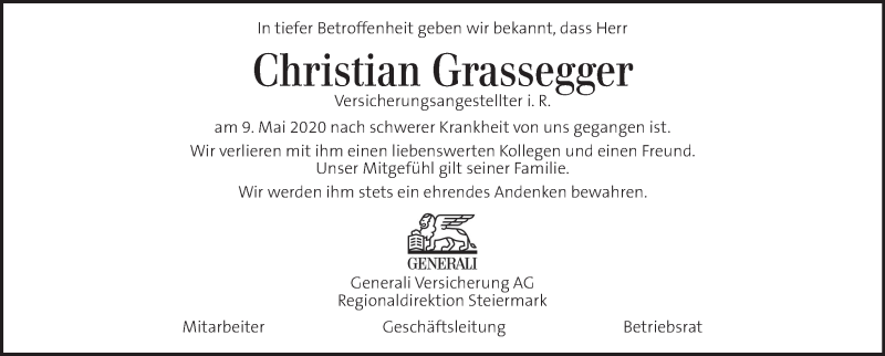  Traueranzeige für Christian Grassegger vom 13.05.2020 aus Kleine Zeitung