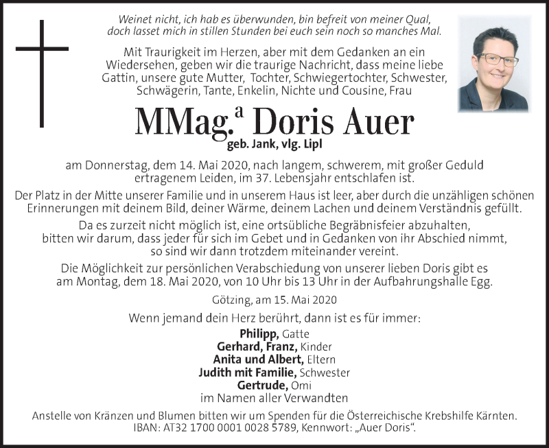  Traueranzeige für Doris Auer vom 16.05.2020 aus Kleine Zeitung