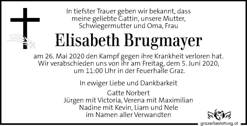  Traueranzeige für Elisabeth Brugmayer vom 31.05.2020 aus Kleine Zeitung