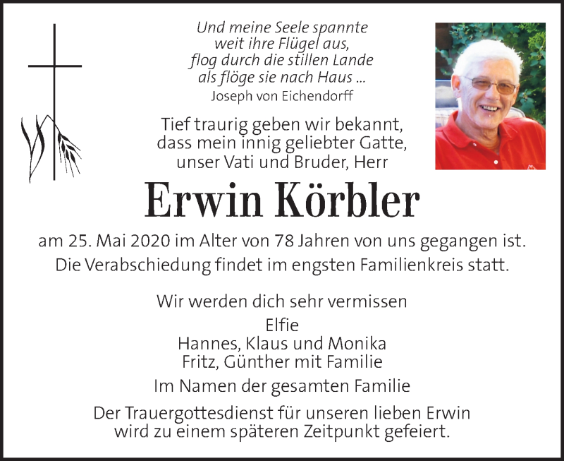  Traueranzeige für Erwin Körbler vom 29.05.2020 aus Kleine Zeitung