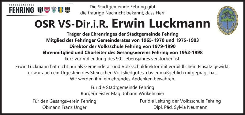  Traueranzeige für Erwin Luckmann vom 16.05.2020 aus Kleine Zeitung