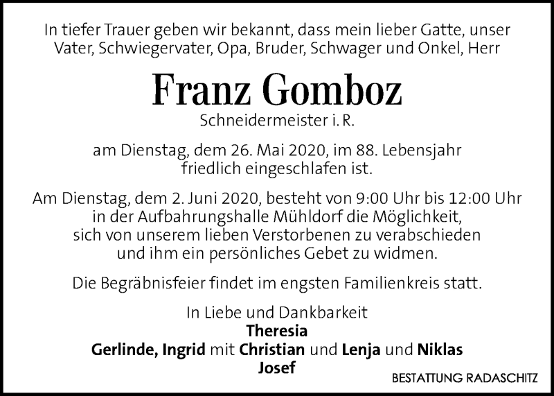  Traueranzeige für Franz Gomboz vom 31.05.2020 aus Kleine Zeitung
