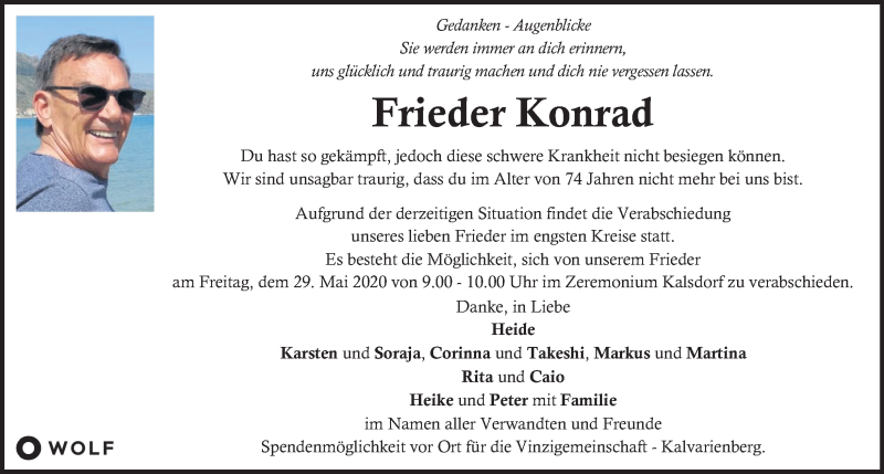  Traueranzeige für Frieder Konrad vom 24.05.2020 aus Kleine Zeitung