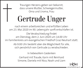 Traueranzeige von Gertrude Unger von Kleine Zeitung