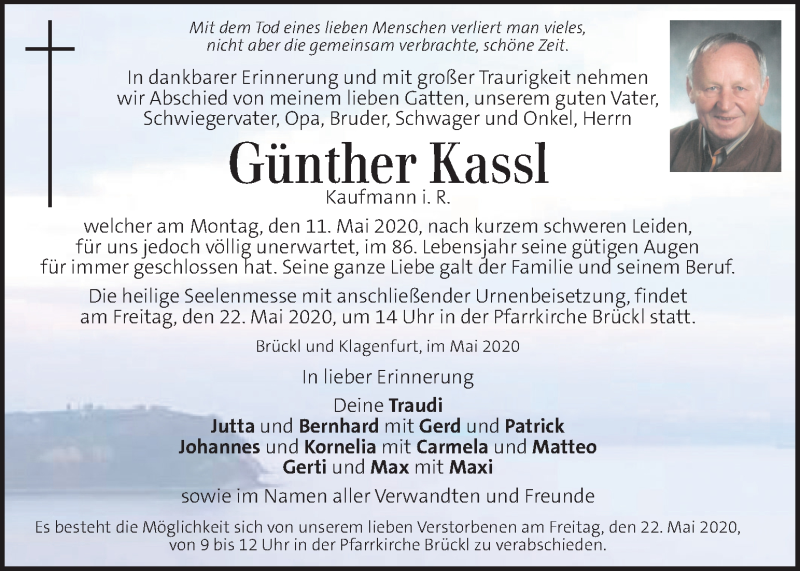  Traueranzeige für Günther Kassl vom 17.05.2020 aus Kleine Zeitung