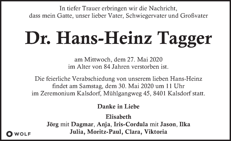  Traueranzeige für Hans-Heinz Tagger vom 29.05.2020 aus Kleine Zeitung