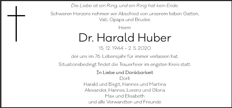  Traueranzeige für Harald Huber vom 08.05.2020 aus Kleine Zeitung