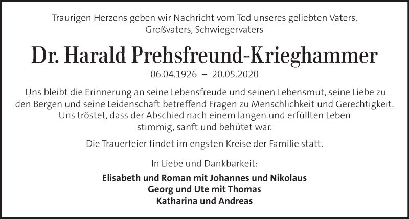  Traueranzeige für Harald Prehsfreund-Krieghammer vom 27.05.2020 aus Kleine Zeitung