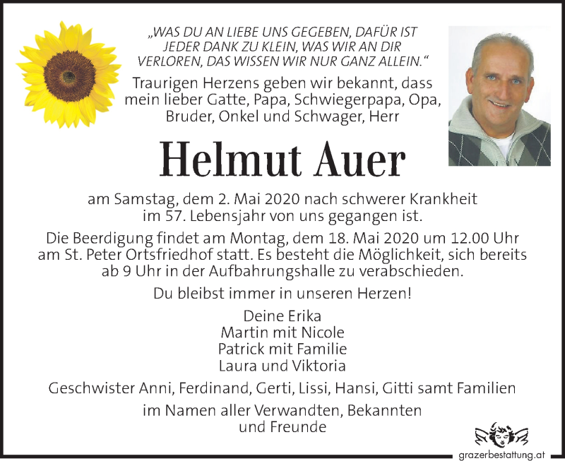  Traueranzeige für Helmut Auer vom 08.05.2020 aus Kleine Zeitung