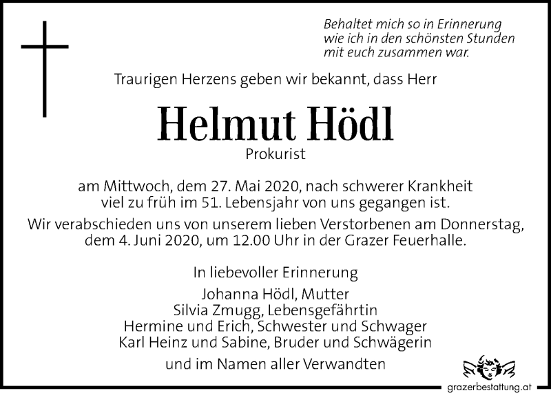  Traueranzeige für Helmut Hödl vom 30.05.2020 aus Kleine Zeitung
