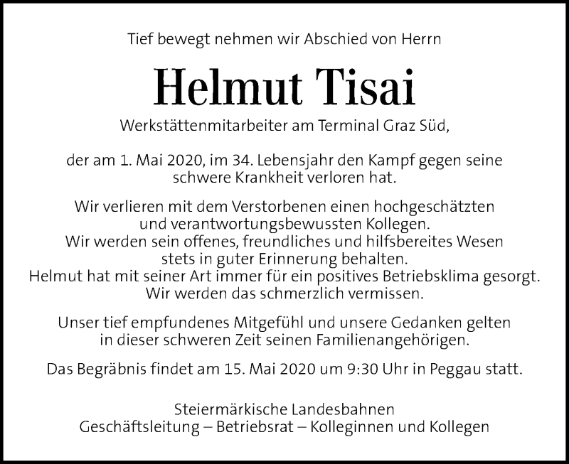  Traueranzeige für Helmut Tisai vom 09.05.2020 aus Kleine Zeitung